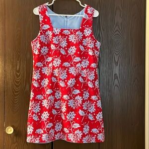 No tag sleeveless red dress with blue floral design. Size Medium